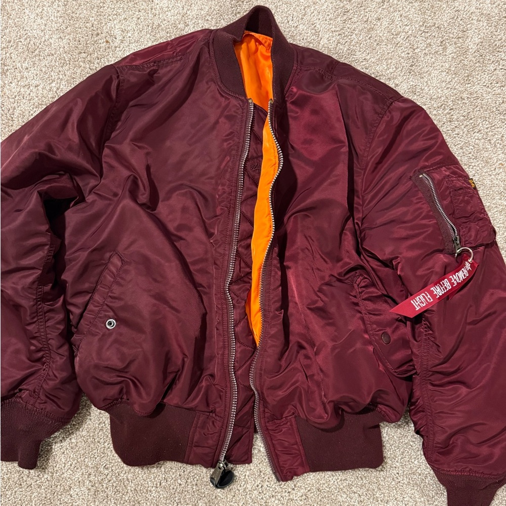 Alpha Industries Maroon Bomber Jacket with Orange Lining